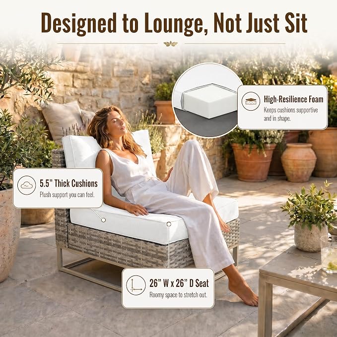 6-Piece Outdoor Patio Furniture Set, Gray PE Wicker Outdoor Sectional Sofa with Storage Armrests & 5.5" Thick Cushions, L-Shaped Couch for Deck, Porch, Backyard, Ivory White