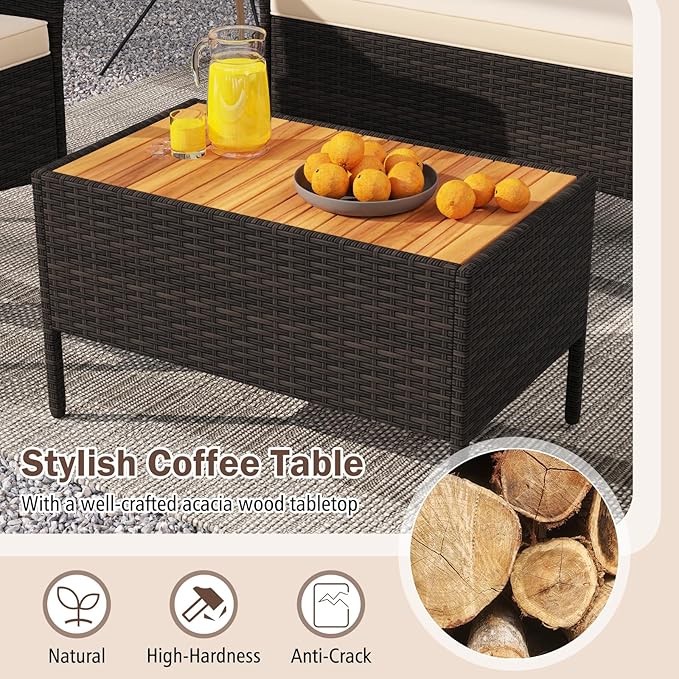 Tangkula 4 Pieces Patio Wicker Sofa Set, 2 Rattan Chairs & Loveseat w/Coffee Table, Acacia Wood Armrests & Tabletop, Outdoor Cushioned Conversation Set for Backyard, Poolside (1)