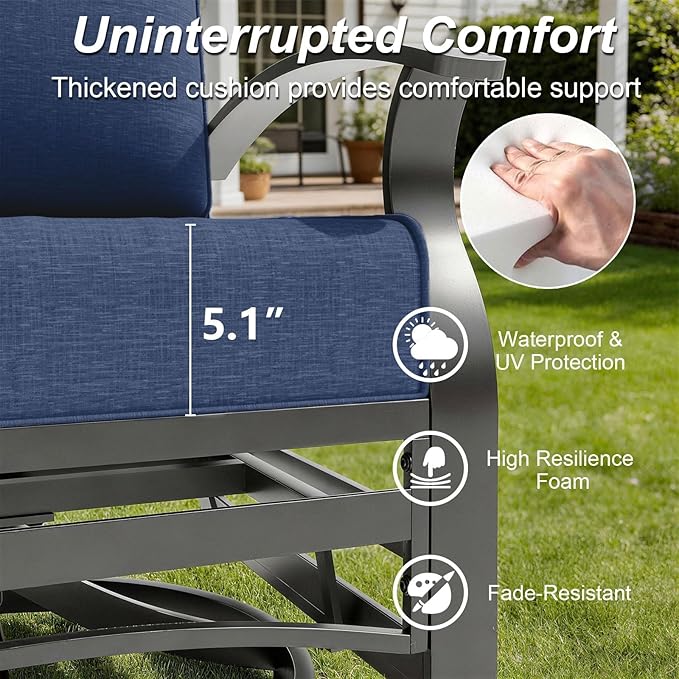 Gotland Aluminum Patio Furniture Set with Fire Pit Table, Metal Patio Furniture with 2 Swivel Rocking Chairs Waterproof 5.1'' Seat Cushions, Oversized Outdoor Sectional for Garden Balcony Porch Navy