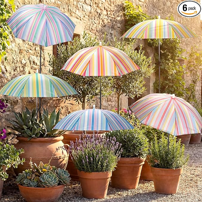 Hillban 6 Pack Plant Shade Umbrellas for Outdoor Plants 23.6" Large Garden Umbrella Shade for Potted Flower with Adjustable 40" H Sunshade Cover for Patio Garden Bed Flowers(Striped Pattern)