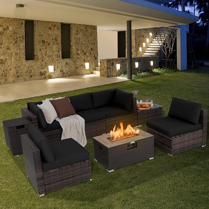 Tangkula 8 Piece Outdoor Wicker Sofa Set, Patio Rattan Conversation Set w/32” Propane Fire Pit Table & Tank Holder, 40,000 BTU Heat Output, Cozy Seat & Back Cushions, Fire Pit PVC Cover (Black)