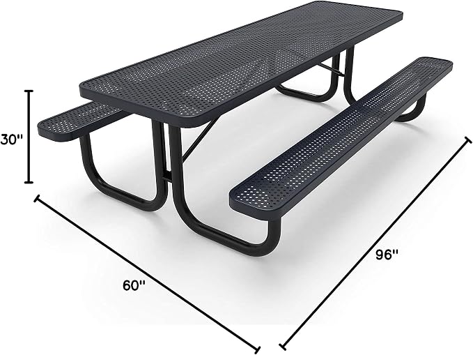 COATEDOUTDOORFURNITURE Heavy-Duty Portable Outdoor Picnic Table, Thermoplastic Coated Punched Steel Commercial-Grade Patio Dining Furniture Made in America (8ft Rectangular, Dark Blue)