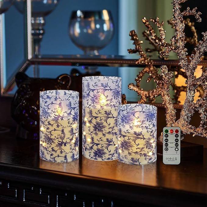 Floral Flickering Flameless Candles, Recessed String Light LED Candles 3D Wick Acrylic Battery Operated LED Pillar Candles with Remote and Timer for Home Decor Set of 3(Blue & White)