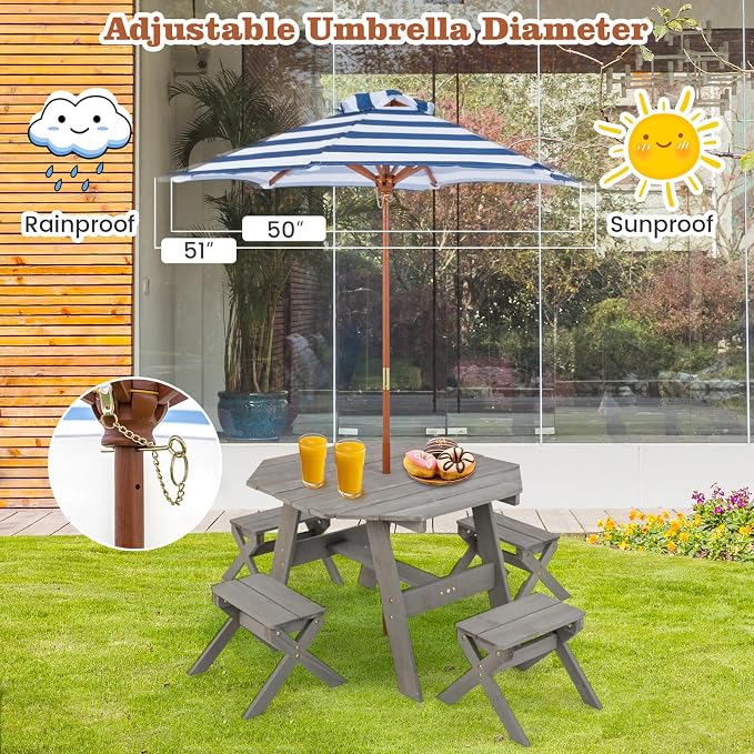 Costzon Kids Picnic Table, Fir Wood Octagon Kids Table and Chair Set with Removable Umbrella, Toddler Activity Table for Backyard, Garden, Patio, Kids Outdoor Furniture for Boys Girls (Grey)