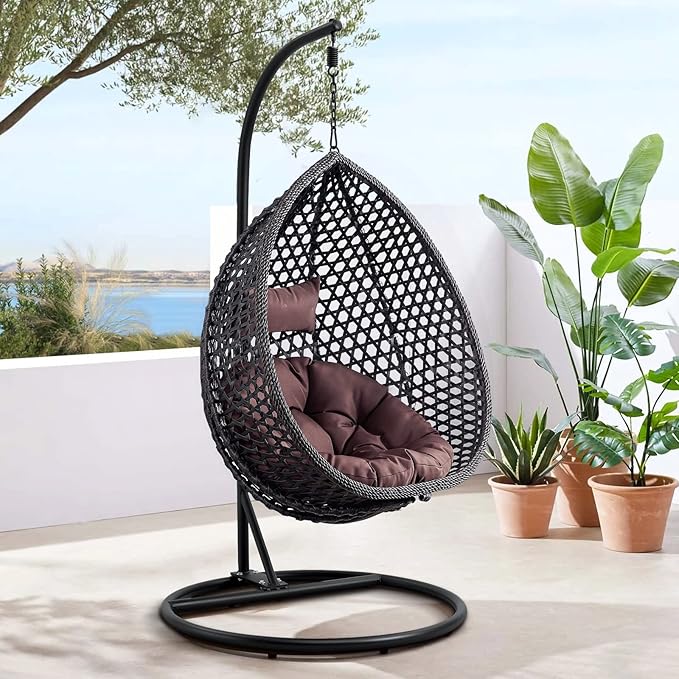 Hanging Egg Swing Chair with Stand, Rattan Wicker Hanging Egg Chair Hammock Indoor with Cushions, Swinging Chair for Bedroom Outdoor Patio Balcony Backyard Sunroom Heavy Duty 350LBS (Black)
