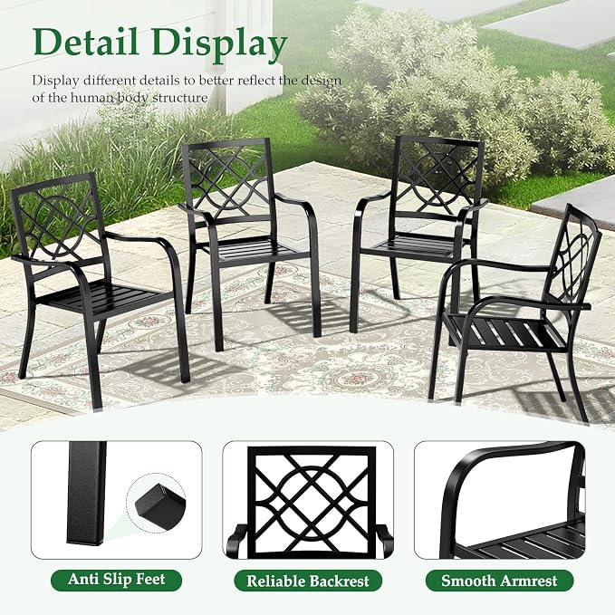 Oakcloud 4 Pieces Patio Wrought Iron Chairs, Metal Outdoor Dining Set, Stackable Bistro Chairs with Armrest for Garden Backyard, 300 LBs, Black