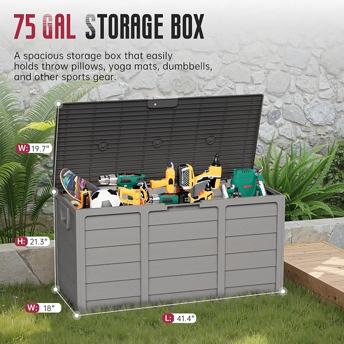 Crownland Outdoor 75 Gallon Storage Deck Box, Weatherproof Woodgrain Patio Storage Box for Balcony, Garden, Backyard (Grey)