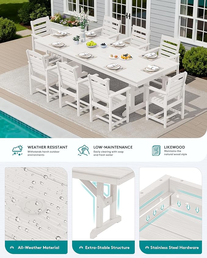 SERWALL Outdoor Large HDPE Dining Table, 84" Rectangular Dining Table for 6-8 Person, All Weather HDPE Outdoor Furniture for Backyard, Garden, White