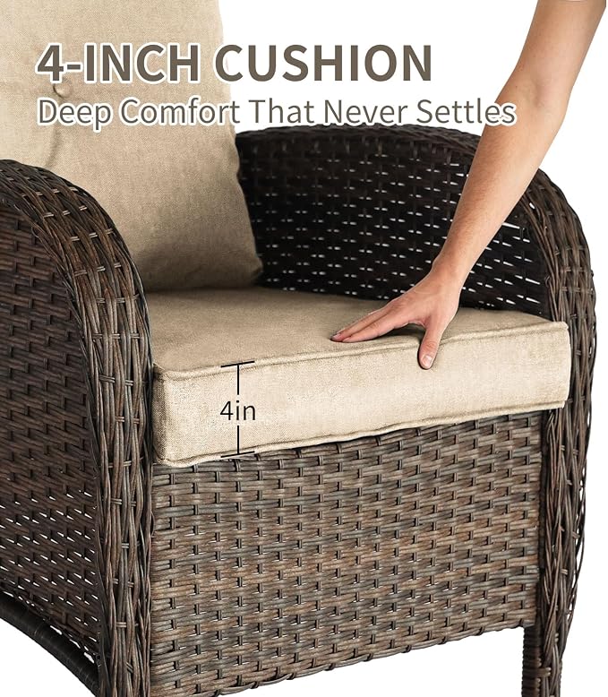 SHGJ&SOFT All Weather Patio Furniture Set, High Back Swivel Rocker Glider Chairs，Ottomans & Glass Tables, Outdoor Conversation Set for Deck Porch Yard Poolside (Brown, 3PCS-Swivle Chairs&Table)