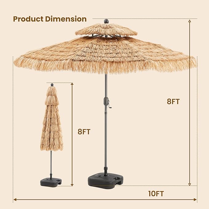COSIEST 10FT Tiki Umbrella Outdoor Patio Hawaiian Thatched Shade With 8 Ribs Tilt Adjustment for Garden Pool Backyard Beach