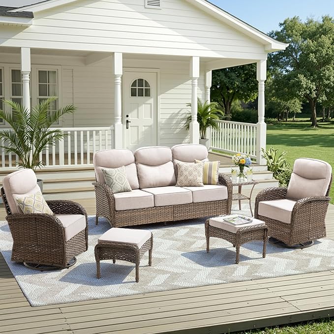 Luxury Outdoor Patio Furniture Set with 6-Inch Thick Cushions, 6 Pieces All-Weather Wicker Outdoor Furniture with Outdoor Rocking Chair, Outdoor Patio Conversation Sets for Garden Porch Deck, Beige