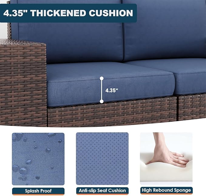 5 Piece Patio with Fire Pit Table, Wide Armrest Modular Outdoor Conversation Brown PE Wicker Rattan Sectional Sofa, 4" Thickened Cushion, Navy Blue