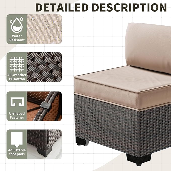 Gotland 9 Pieces Patio Furniture Set, 7-Seater Patio Furniture in 4 Combinations with Wide Armrests 29.5'' High Backrest, 2 Swivel Rocking Chairs 1 Coffee Table, for Deck Garden Pool Party Khaki