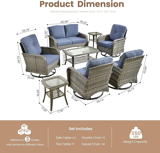 Weaxty 8 Pieces Outdoor Patio Furniture Sets with Swivel Rocking Patio Chairs and Loveseat Sofa,Coffee Table,All Weather Wicker Conversation Set for Deck Backyard Porch Poolside, Denim Blue