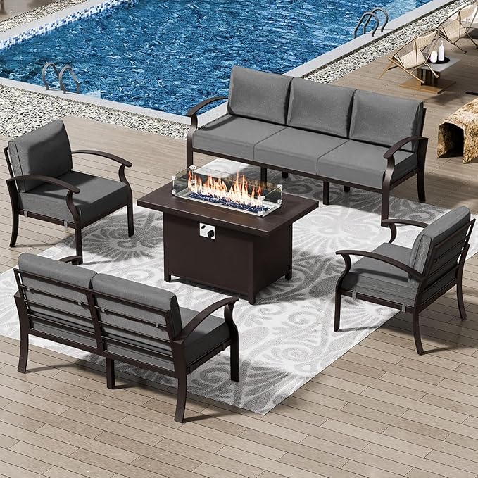 Patio Furniture Set 5-Piece Aluminum Armrest Sofa, Modern Outdoor Living Room Set with 55000 BTU Propane Aluminum Fireplace, Outdoor Rotary Joystick with Thick Cushion