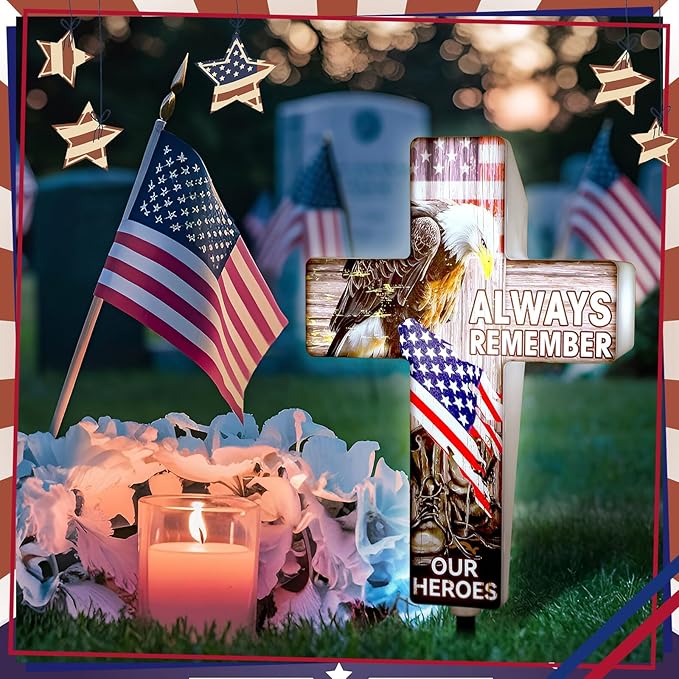 DoubleFill Memorial Day Patriotic Garden Stake Solar Lighted 4th of July Independence Veterans Day Solar Outdoor Yard Decorations Light up Night Cross Stake Decor for 4th of July Outside Patio Yard