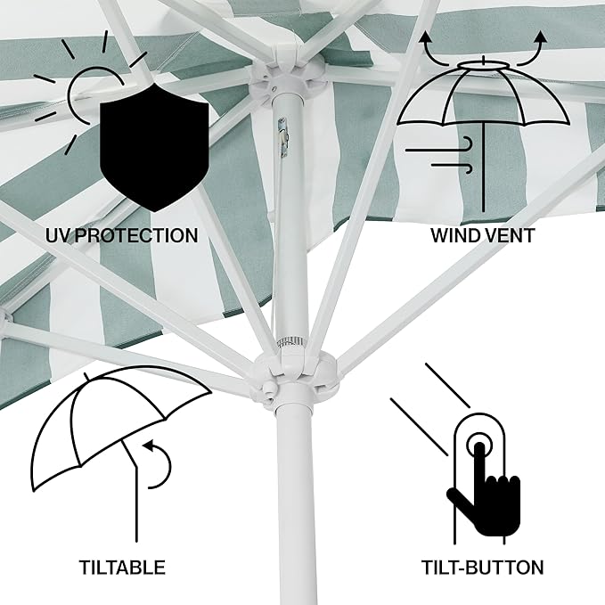 JONATHAN Y Beverly 9 ft. Coastal Green and White Striped Half Patio Umbrella with Scalloped Fringe, Crank Lift, and Manual Tilt for Balcony, White Pole UMB1201L