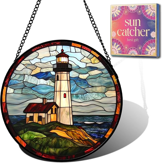 Birthday Gifts for Women - Ocean Lighthouse Faux Stained Glass Window Hanging Sun Catcher for Door Garden Acrylic Decor Mother's Day Christmas for Mom Men Nana Grandma Sisters Dad 11.8"