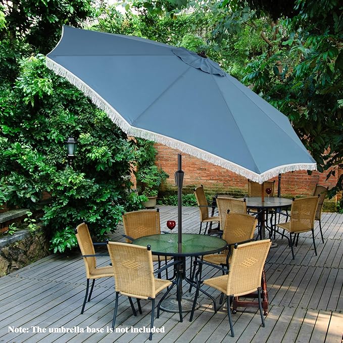 Tangkula 9Ft Patio Umbrella with Fringe, 2-Tier Outdoor Boho Umbrella with Tassels, Crank Handle, Push Button Tilt, Sun-Protective Canopy, 8 Ribs for Deck Backyard Poolside