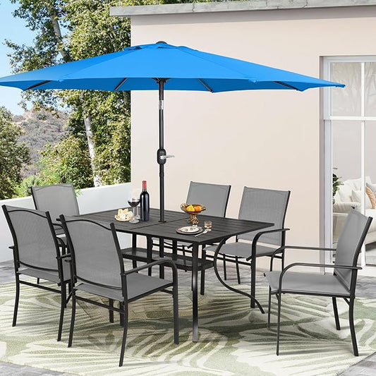 Crownland 7 Piece Patio Dining Set, Textilene Dining Sets, 6 Textilene Metal Chairs and Rectangular Outdoor Dining Table with Sky Blue 9FT Round Outdoor Umbrella (Grey)