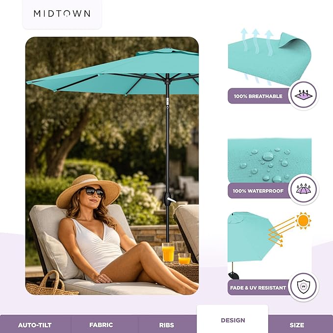 Midtown Umbrellas - The Lean 8 Ft Patio Umbrella with Fade-Resistant Sunbrella Fabric, Auto-Tilt Aluminum Frame and 8 Reinforced Ribs for Deck, Pool & Garden - Aruba Canopy, Black Pole