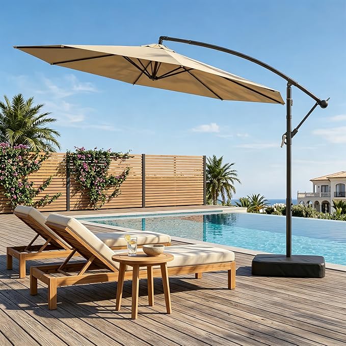 10ft Cantilever Offset Patio Umbrella with Base, Large Outdoor Patio Umbrella, 360° Rotation & Easy Tilt Adjustment, UV Protection Waterproof Patio Umbrellas for Backyard, Garden, Patio, Deck, Pool