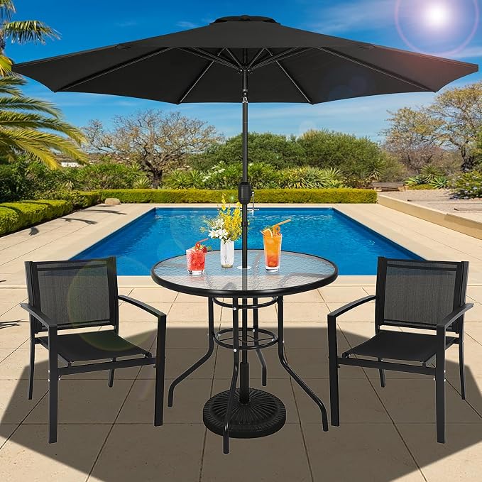Outdoor Patio Table with Umbrella Hole, 32 inches Tempered Glass Top Round Patio Table,Conversation Coffee Table Metal Steel Frame All-Weather Furniture for Balcony, Backyard, Poolside (Round)