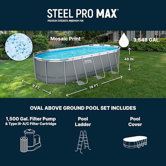 Bestway Steel Pro MAX 18' x 9' x 48" Above Ground Pool, Oval Metal Frame Outdoor Swimming Pool Set with Filter Pump, Ladder, and Cover, Gray