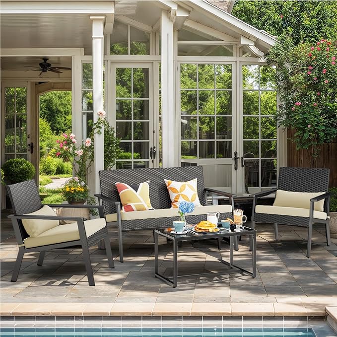 Ahomly 4-Piece Outdoor Wicker Patio Furniture Set with Deep Seating Cushions and Table for Balcony, Backyard, and Porch (Beige)