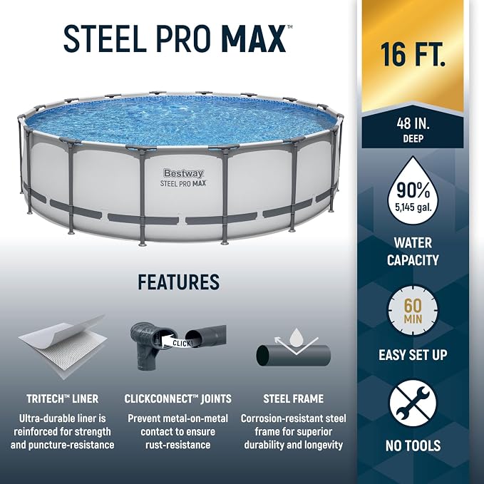 Bestway Steel Pro MAX 16' x 48" Above Ground Pool, Round Metal Frame Outdoor Swimming Pool Set with Filter Pump, Ladder, and Cover, Gray
