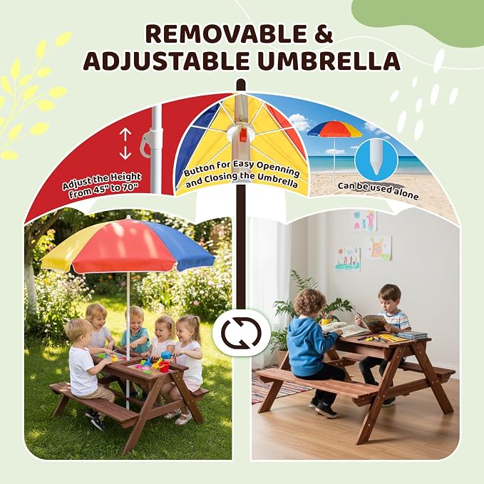 JOYMOR 4-in-1 Kids Picnic Table w/2 Sensory Bins, Cedar Wooden Sand & Water Table with Height Adjustable Umbrella, Wooden Kids Outdoor Picnic Tables for Garden, Backyard, Patio Furniture(Walnut)