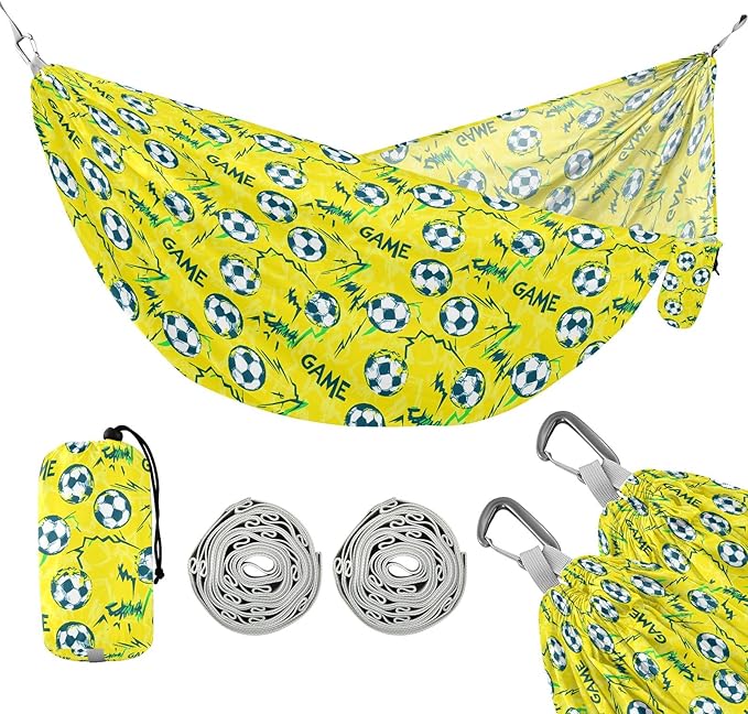 Camping Hammock Outdoor Hammocks for Outside Yellow Football Game Beach Trees Portable Lightweight with Pockets Tree Straps Indoor