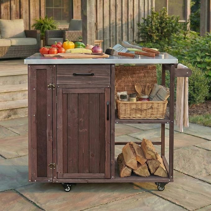 Outdoor Storage Deck Box Cabinet with Stainless Steel Worktop, Fir Wood Patio Prep Station with Lockable Wheels and Towel Rack for Backyard Organization, 40.5 inch, Dark Brown