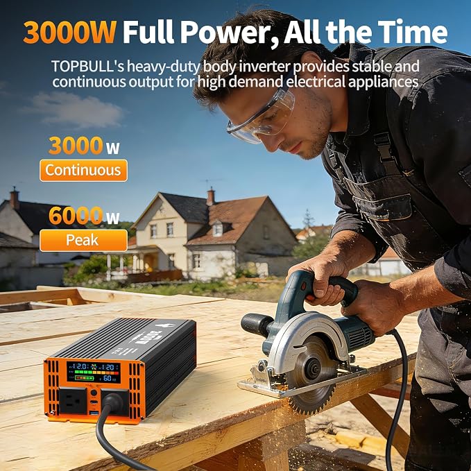3000 Watt Power Inverter 12V DC to 120V/110V AC for Vehicles RV, Truck, Solar, Home, Off-Grid Car Converter Surge 6000W with 2 AC Outlet, USB-A Port, LCD Display, Remote Control and Cable Included