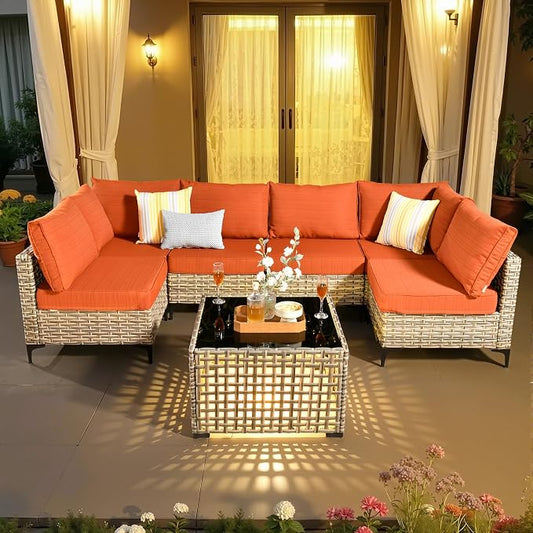7 Pieces Patio Sectional Furniture Set, Outdoor Wicker Sectional Couch with Solar Lights Table, Modern Conversation Set for Porch Balcony Backyard, Orange
