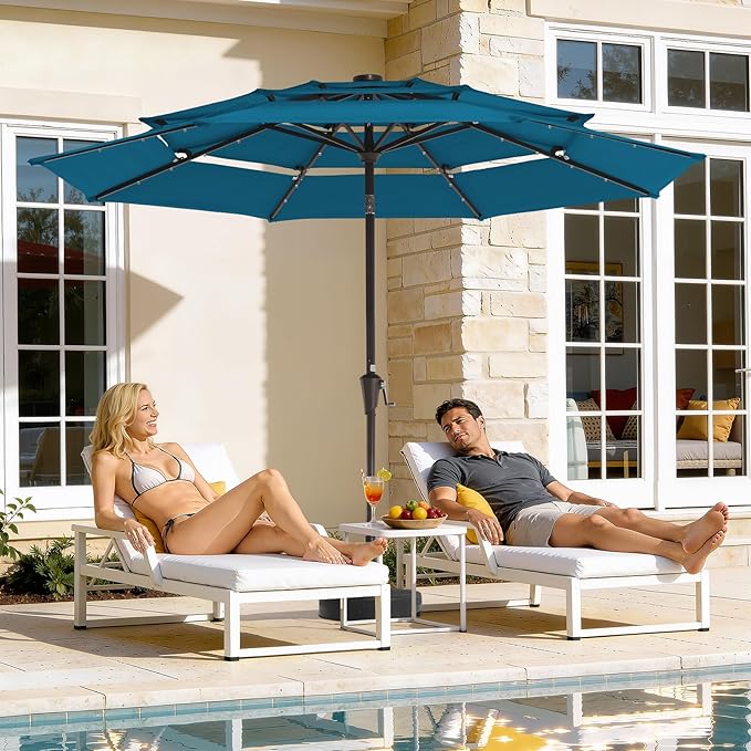 JEAREY 3 Tiers Patio Umbrella with Solar Lights 9ft Outdoor Market Table Umbrellas with Push Button Tilt for Outside Pool Garden, Lake Blue