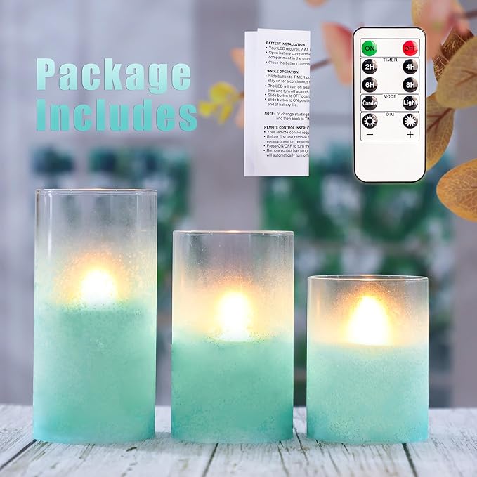 Blue Flameless Candles with Remote Aqua Glass Handmade Sandblast Battery Operated Candles Flickering Decorative LED Pillar Candles for Home Bathroom Coastal Theme Wedding Decorations