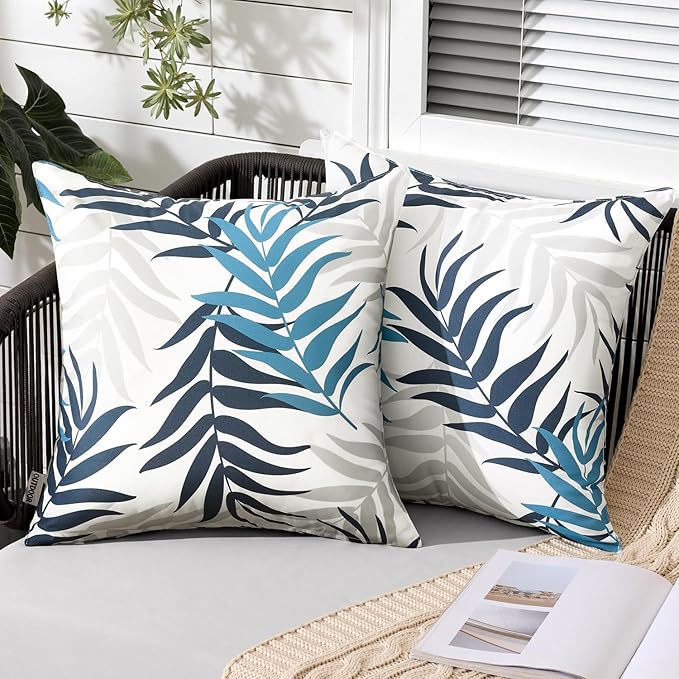 MIULEE Pack of 2 Decorative Outdoor Waterproof Throw Pillow Covers Patio Pillow Cases Natural Leaves Pattern Spring Square Cushion Shams Shell for Garden Balcony Couch 18x18 Inch, Navy Blue