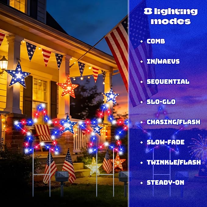 Retisee 3 Pcs 250th Anniversary 4th of July Solar Lights, 12.7 Inch Patriotic Red White Blue LED Yard Stakes, Solar Powered Garden Lawn Pathway Decor for Memorial Display, 6–8 Hour Runtime