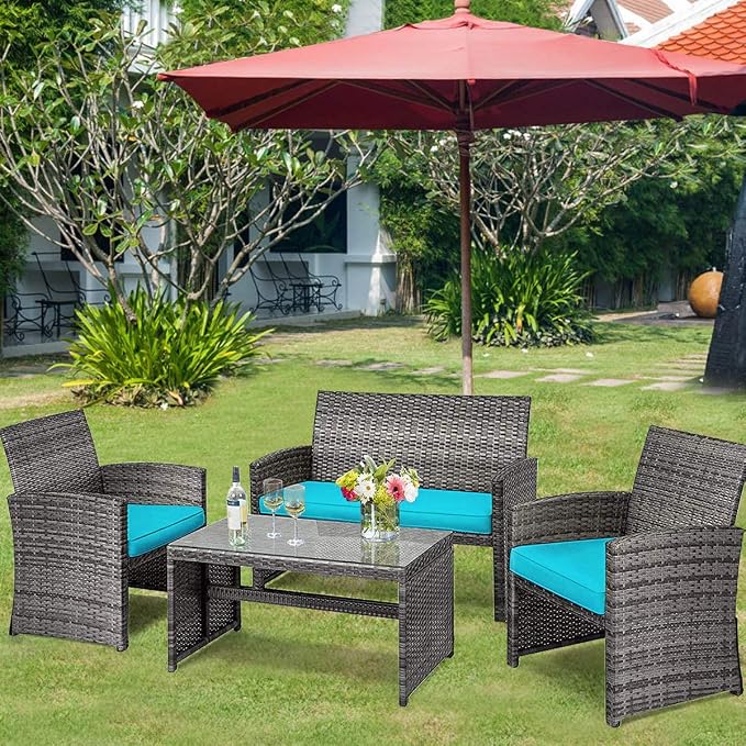 DORTALA 4 Piece Patio Furniture Set, Outdoor Wicker Conversation Set with Soft Cushions & Tempered Glass Coffee Table, Rattan Patio Sofa Bistro Sets for Courtyard Balcony, Turquoise