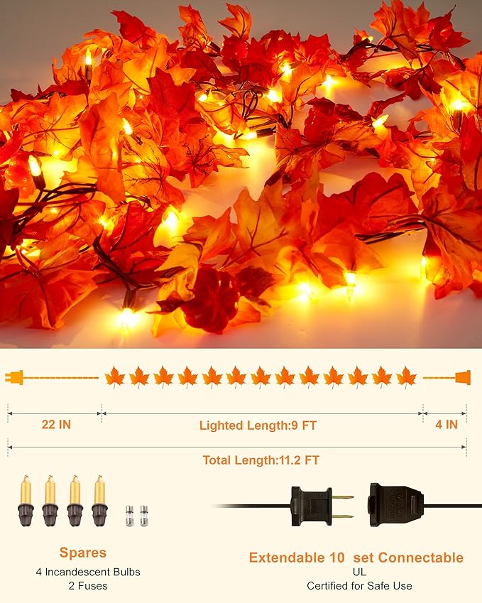 VCOKEN 11FT Fall Garland With Lights - 50 Bulbs Connectable Maple Leaves With Pumpkin, Plug-in Decor for Outdoor Indoor Halloween Thanksgiving Holidays