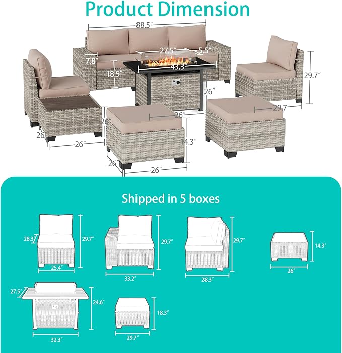 9-Piece Outdoor Patio Furniture Set with 55,000 BTU Fire Pit Table, PE Wicker Rattan Sectional Sofa Patio Conversation Set with Ottomans & Coffee Table, Sand