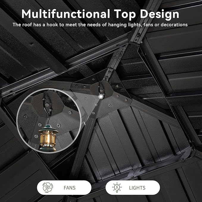 Aoxun 10’x10’ Hardtop Gazebo, Permanent Metal Pavilion with Galvanized Steel Double Roof, Outdoor Pregola for Lawn, Garden, Patio (Black)