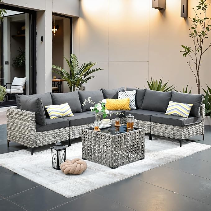 Outdoor Patio Furniture Sets,7 PCS Patio Conversation Set Outside Rattan Sectional Sofa with Coffee Table Fit Backyard Porch Garden Poolside Balcony
