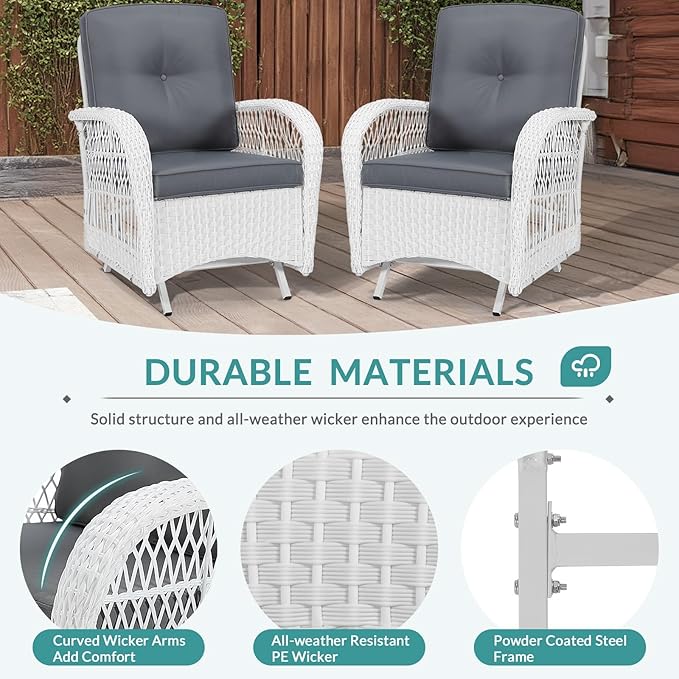 MEETWARM Patio Wicker Rocking Glider Set, All-Weather Outdoor Rattan Patio Rocking Chairs of 2, Patio Conversation Set with Thickened Cushions for Garden Porch & Backyard, White Wicker/Grey