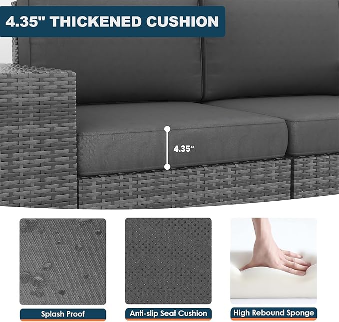 Patio Furniture Set, 8 Pieces Outdoor Sectional Sofa Conversation Sets with Waterproof Cover Modern Wicker Seating Set, 4'' Thickened Cushions 1 Glass Coffee Table 2 Armless Sofas, Grey