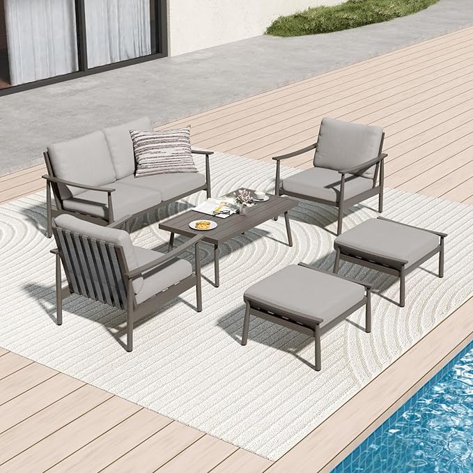 6 Pieces Aluminum Outdoor Patio Furniture Set with Coffee Table, Cushioned Loveseat and Armchairs with Ottomans, All-Weather Conversation Set for Yard Porch Deck, Greige & Grey