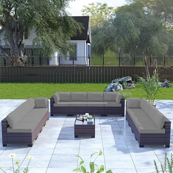 Kullavik 14 Pieces Outdoor Patio Furniture Set,Sectional Rattan Sofa Set Brown PE Rattan Wicker Patio Conversation Set with Tempered Glass Coffee Tables and Washable Cushions Covers,Grey