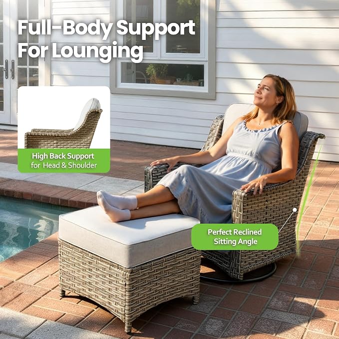 6 Piece Patio Furniture Set with Fire Pit Table, Conversation Sets with High Back Swivel Rocker Chairs, Outdoor Wicker Sofa Loveseat with Comfy Cushion for Backyard Deck Garden, Grey