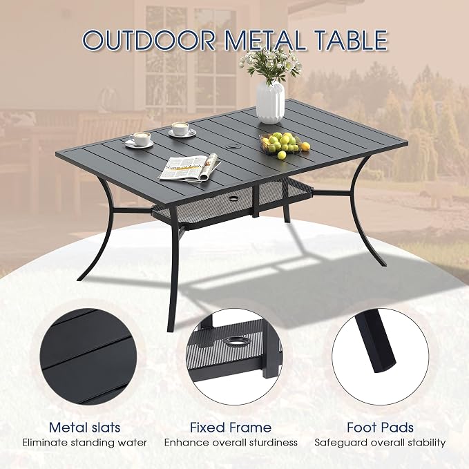 VICLLAX 8 Pieces Patio Dining Set with Wheat Umbrella, 6 Stakable Wicker Outdoor Chairs and Patio Rectangular Table with Umbrella Hole for Backyard Lawn Deck, Black Tabletop